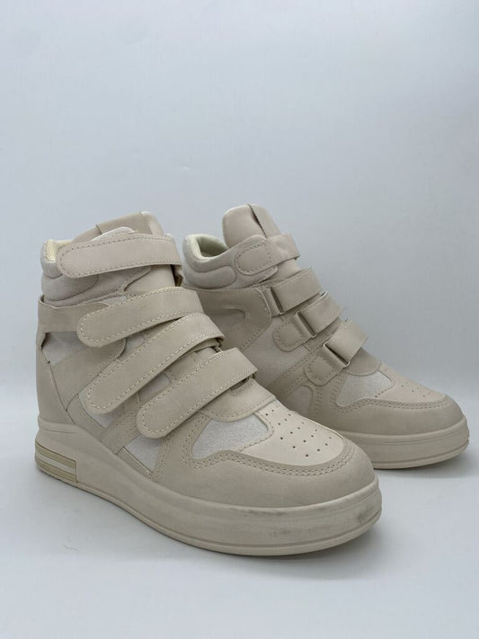 Cream Velcro High-Top Sneakers with Wedge Heel