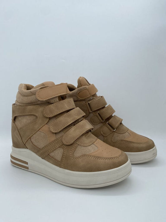 Beige High-Top Sneakers with Velcro Closures