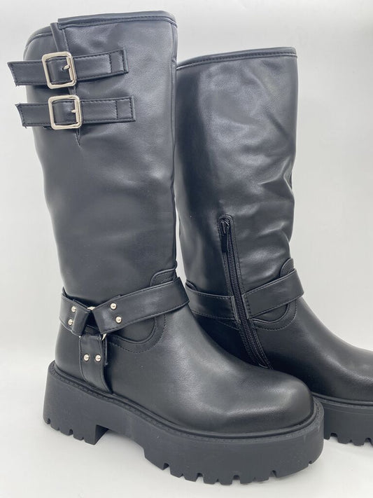 Black High-Top Boots with Buckle Details