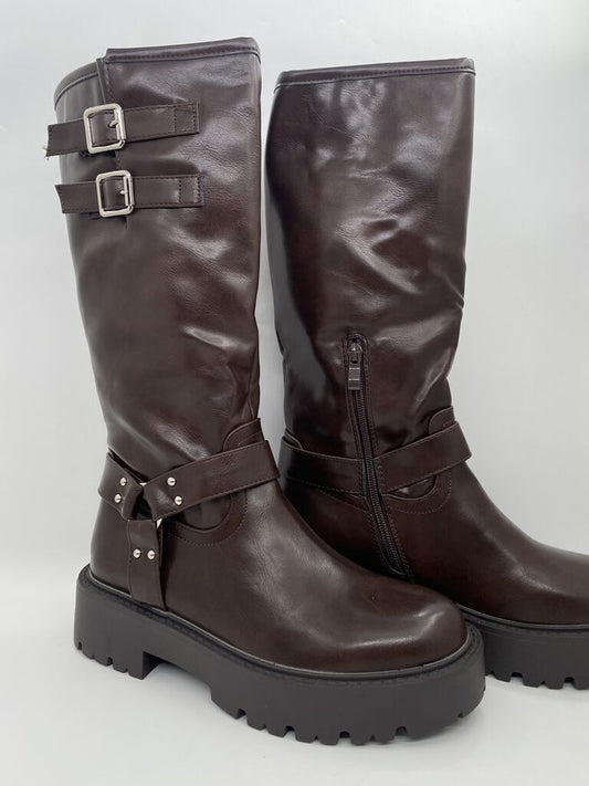 Brown Leather Knee-High Boots with Buckle Detail