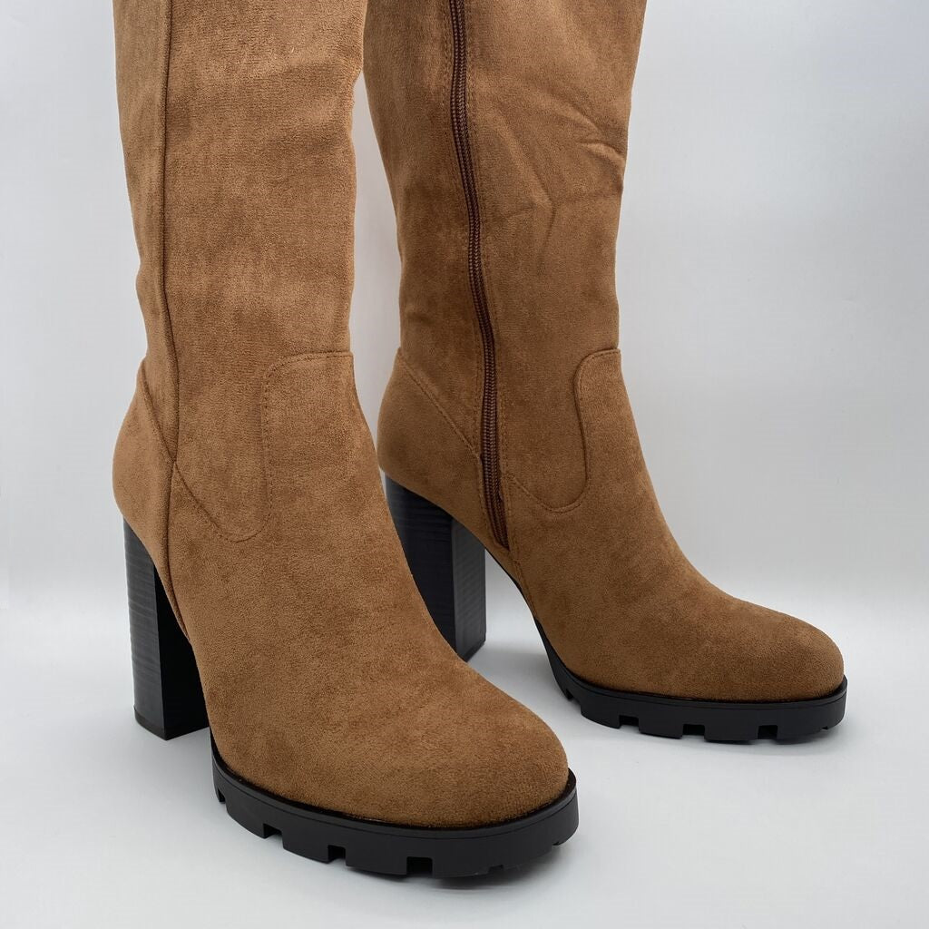 Brown Suede Block Heel Boots with Side Zipper