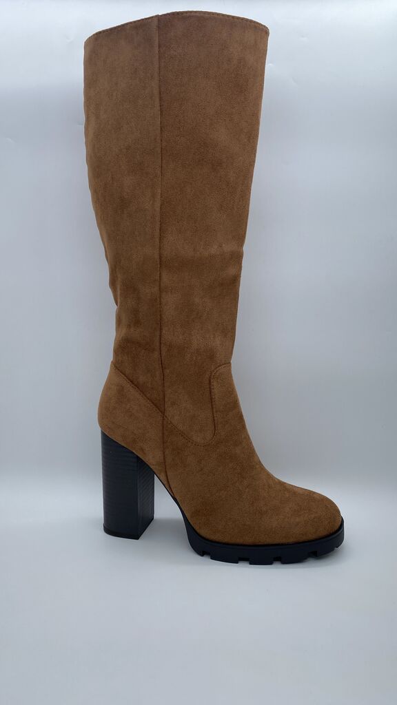 Brown Suede Block Heel Boots with Side Zipper