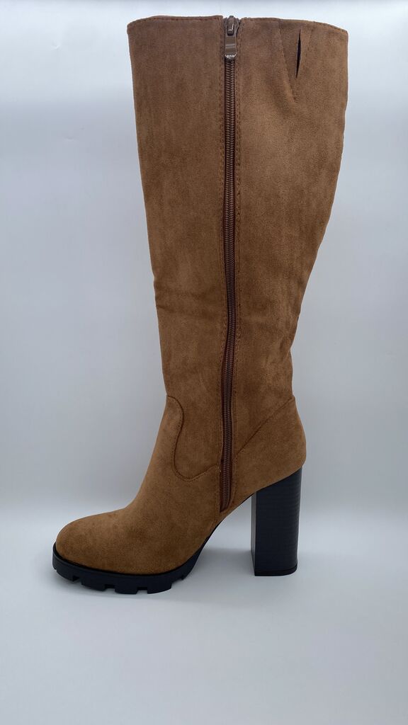 Brown Suede Block Heel Boots with Side Zipper