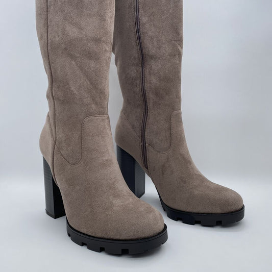 Taupe Suede Chunky Heel Knee-High Boots