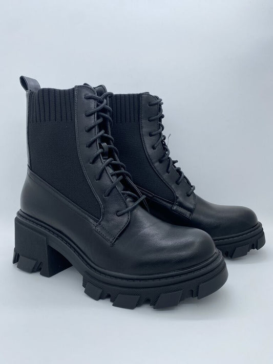 Black Chunky Sole Lace-Up Ankle Boots