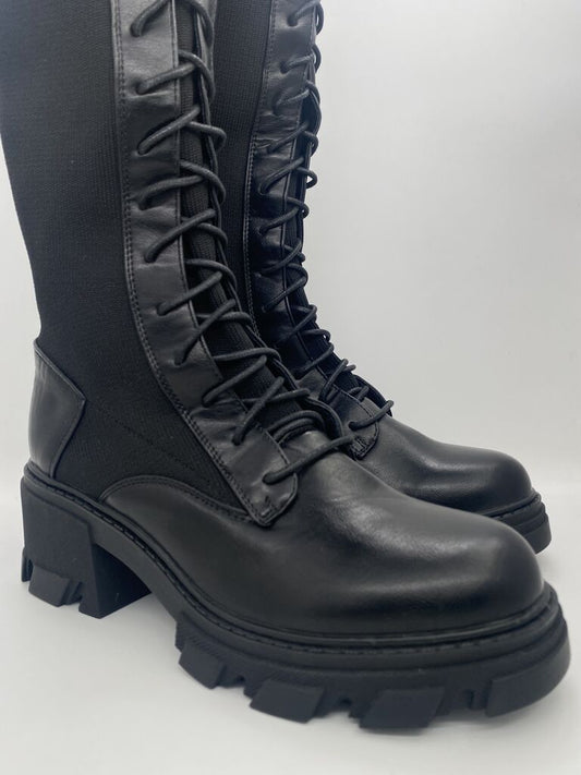 Black Lace-Up Chunky Heel Leather Boots