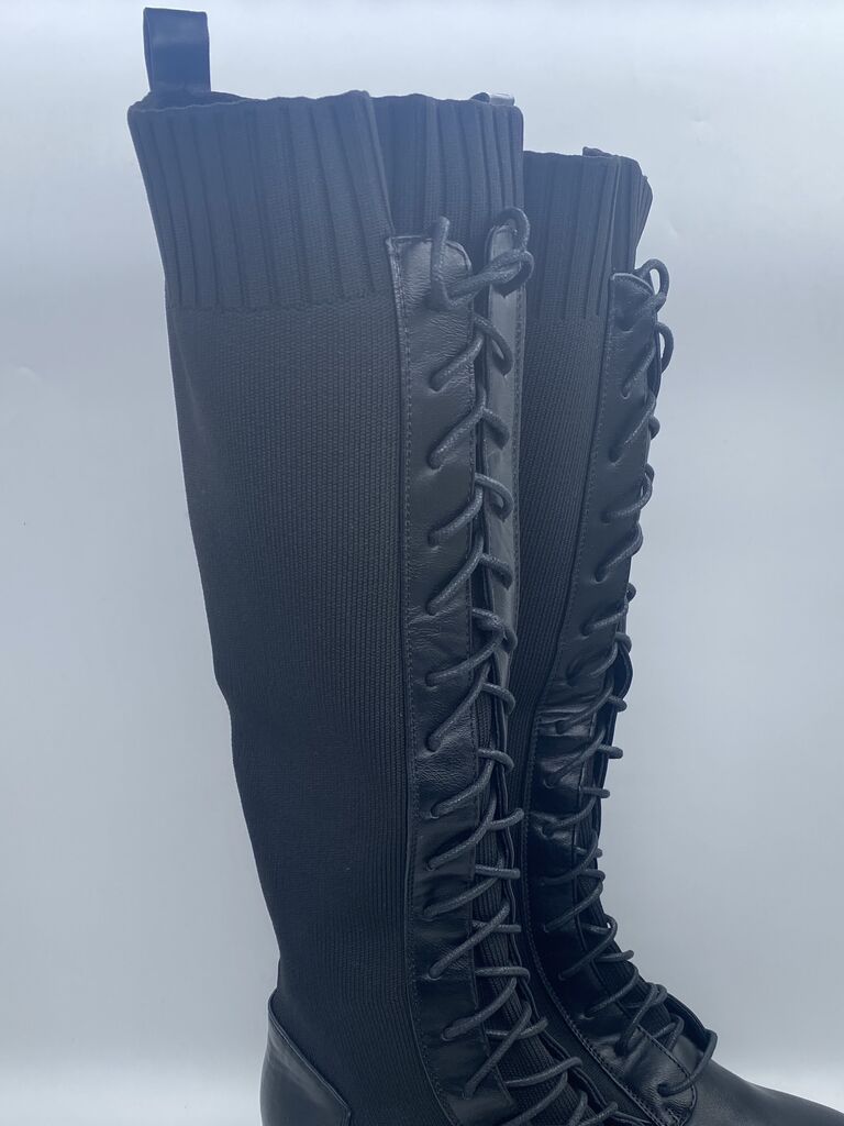 Black Lace-Up Chunky Heel Leather Boots