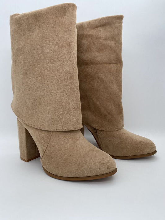 Beige Suede Boots with Fold-Over Design