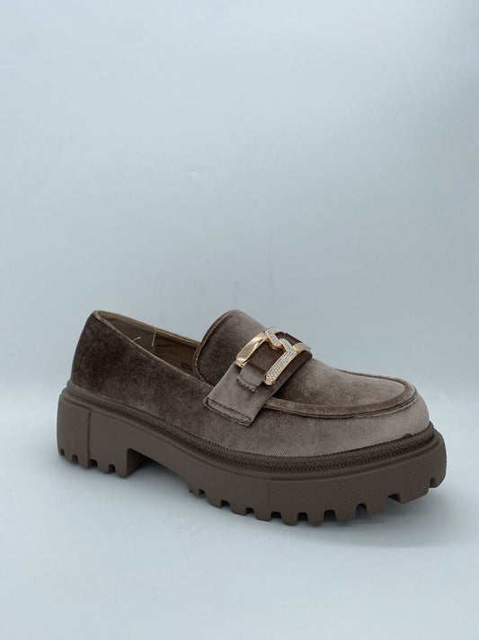 Taupe Suede Loafers with Metal Accent