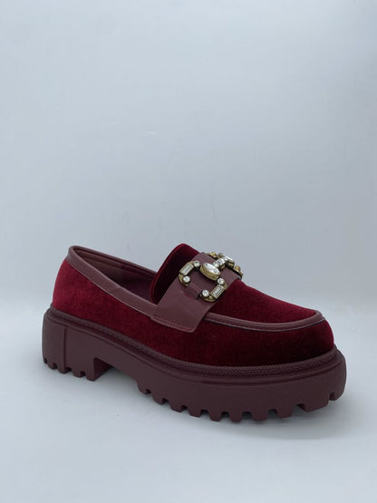 Burgundy Velvet Loafer with Embellished Detail