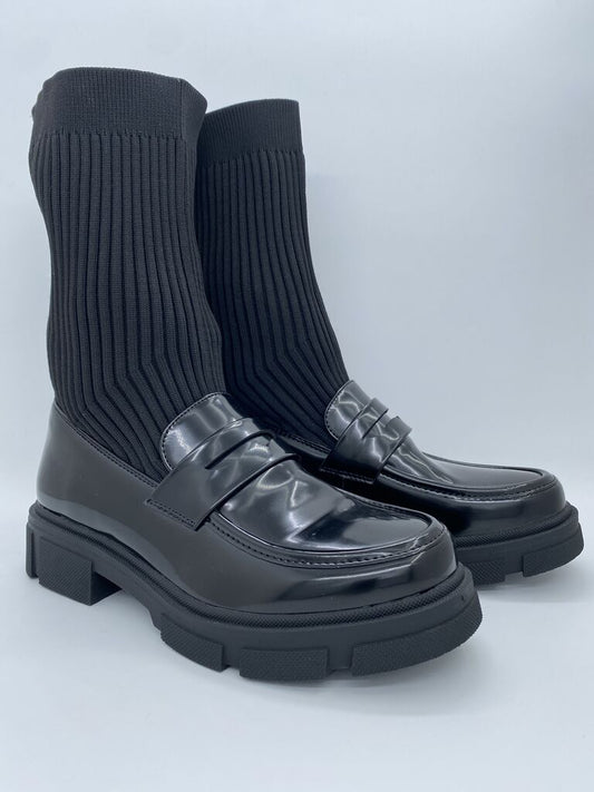 Black Knit-Top Loafers with Chunky Soles