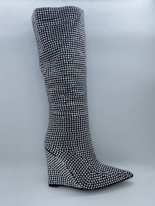Silver Embellished Wedge Knee-High Boots