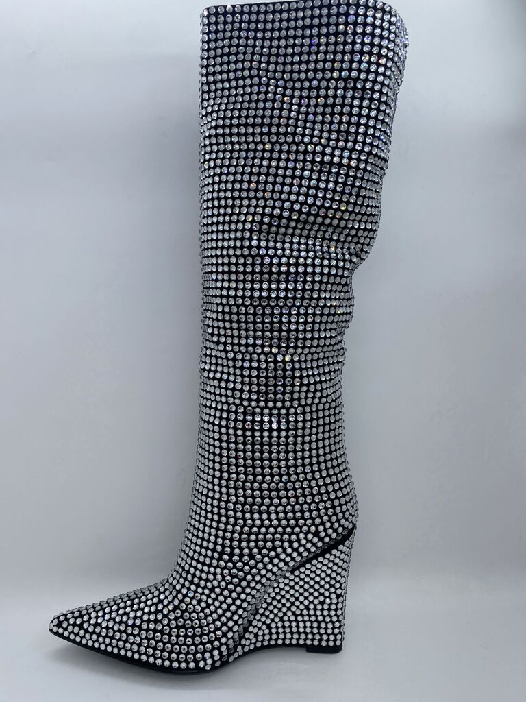 Silver Embellished Wedge Knee-High Boots