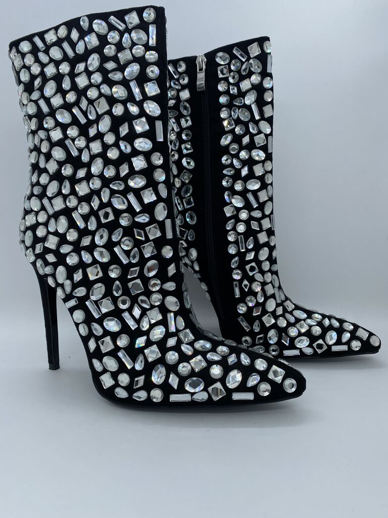 Black Studded Ankle Boots with Rhinestone Embellishments