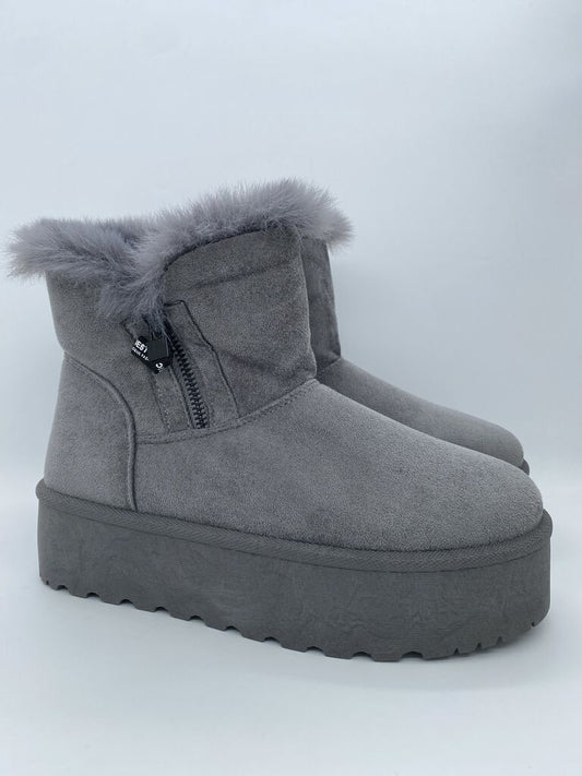 Gray Faux Fur Lined Platform Ankle Boots