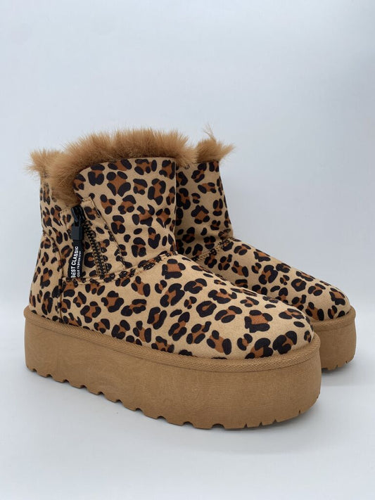 Leopard Print Plush Accent Platform Boots