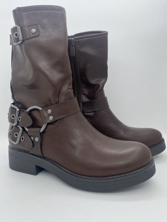 Brown Leather Mid-Calf Boots with Buckle Detail