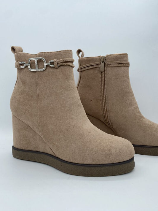 Beige Suede Wedge Ankle Boots with Embellished Strap