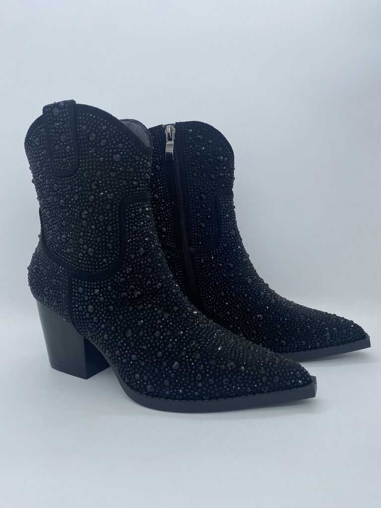 Black Embellished Ankle Boots with Block Heel