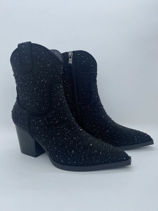 Black Embellished Ankle Boots with Block Heel