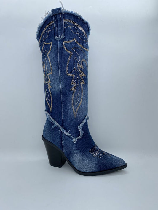 Blue Denim Western Boots with Embroidered Detail