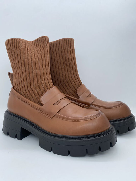 Brown Knit-Top Platform Loafers with Chunky Sole