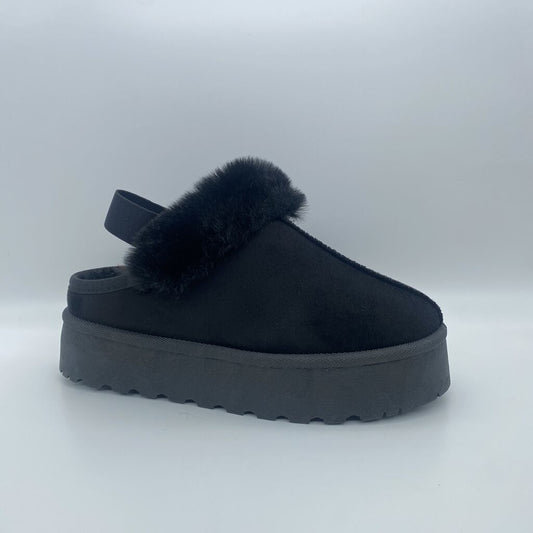 Black Faux Fur Slingback Mules with Platform Sole
