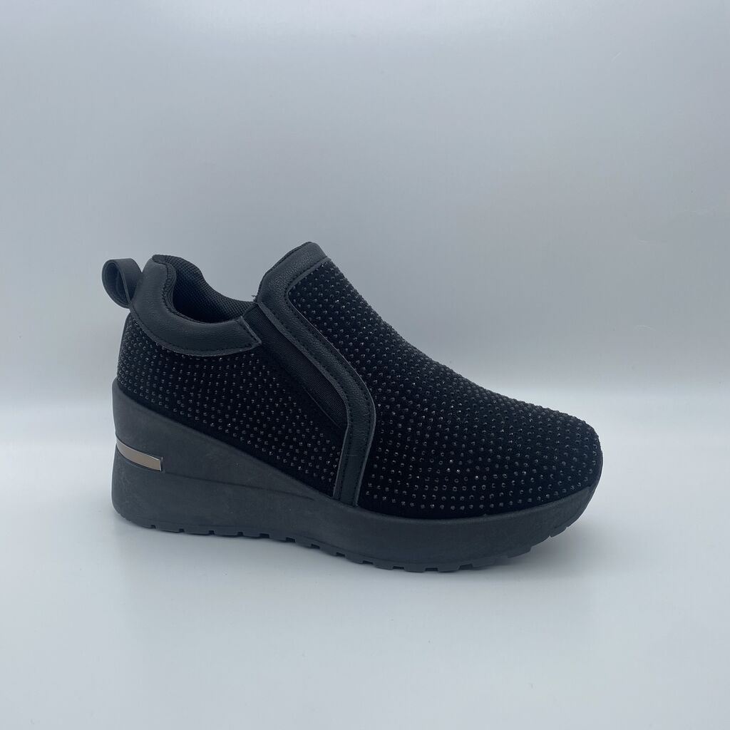 Black Textured Slip-On Wedges with Stud Details