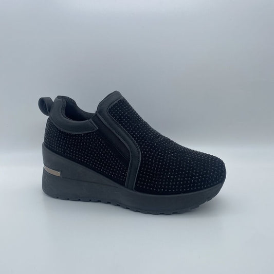 Black Textured Slip-On Wedges with Stud Details