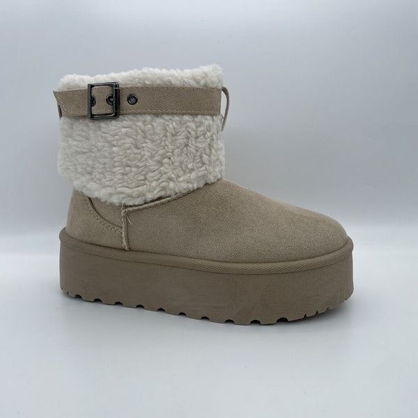 Beige Shearling Platform Boot with Buckle