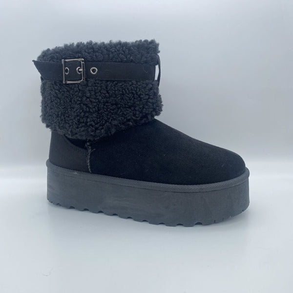 Black Textured Platform Boots with Buckle Detail