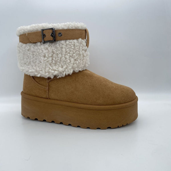 Camel Shearling Platform Boot with Buckle Detail