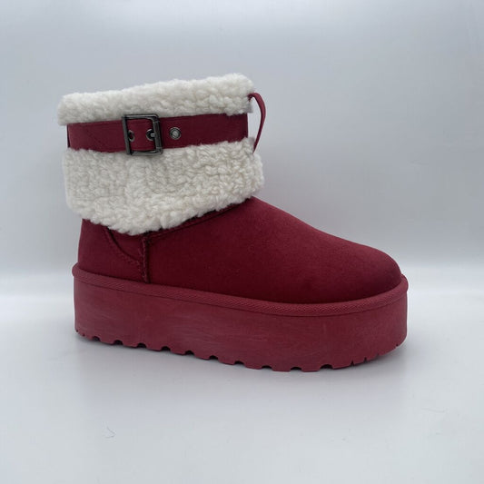Red Plush Ankle Boot with Faux Shearling Cuff