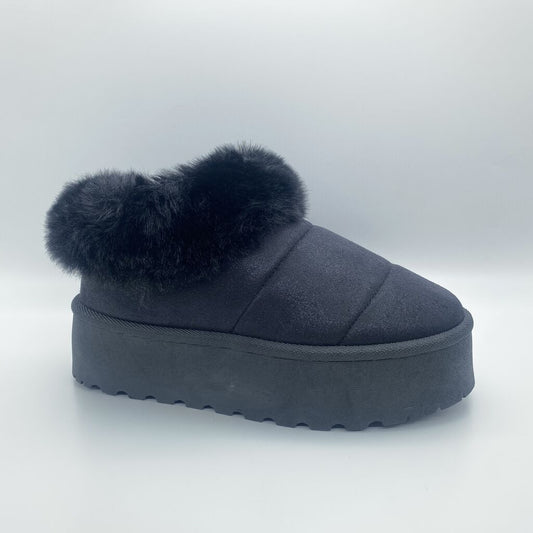 Black Quilted Platform Slipper with Faux Fur Trim
