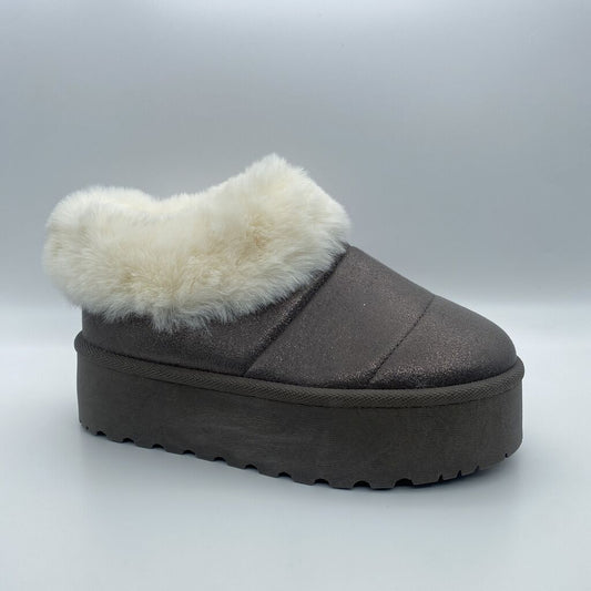 Gray Textured Platform Slipper with Faux Fur Collar