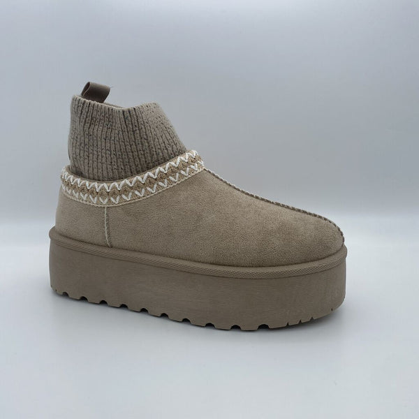 Beige Suede Platform Boot with Knit Ankle