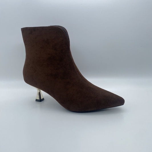 Brown Suede Ankle Boots with Metallic Heel