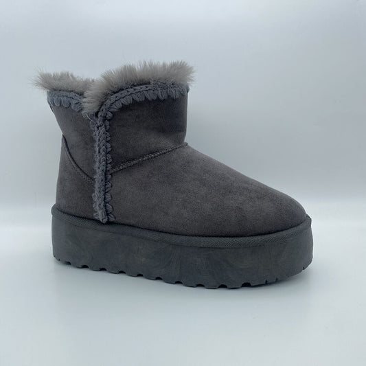 Gray Suede Ankle Boot with Plush Trim