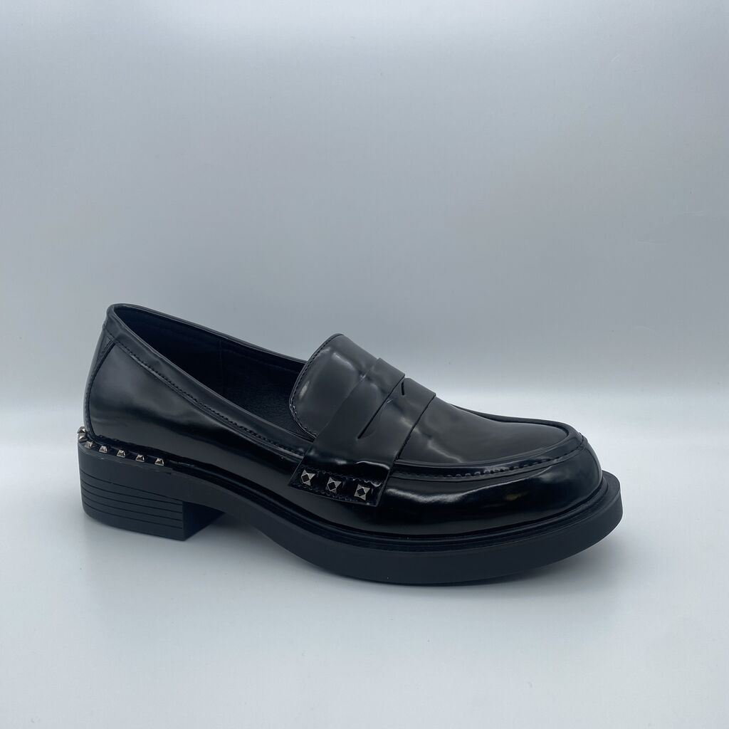 Black Glossy Loafer with Studded Detail
