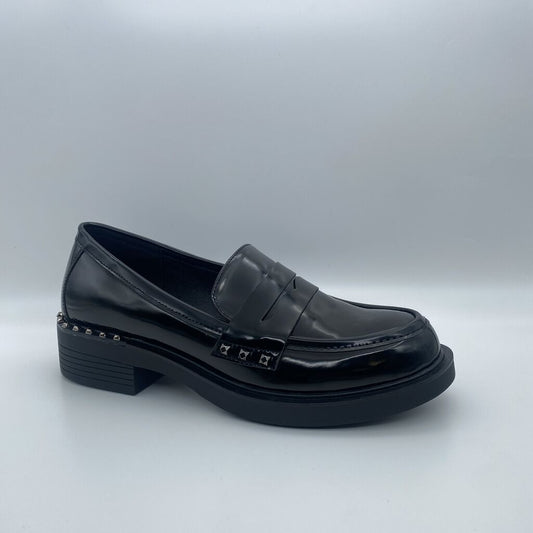 Black Glossy Loafer with Studded Detail