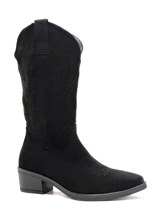 Black Suede Cowboy Boots with Embroidered Design
