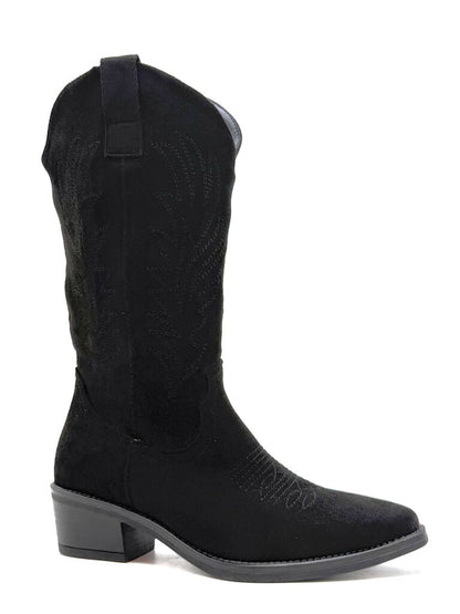Black Suede Cowboy Boots with Embroidered Design