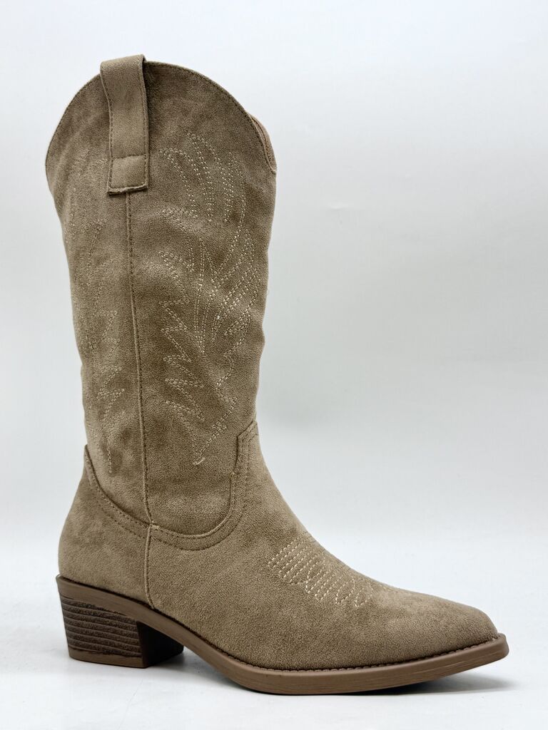 Taupe Suede Western Boot with Embroidered Pattern