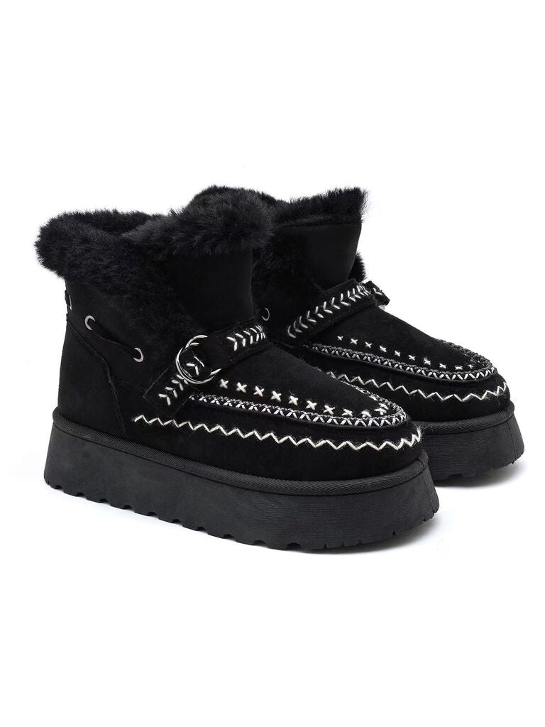 Black Suede Ankle Boots with Embroidered Detail