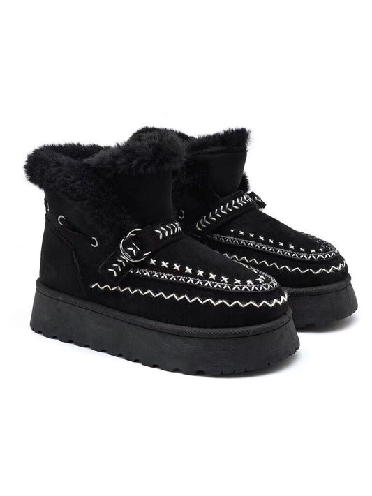 Black Suede Ankle Boots with Embroidered Detail