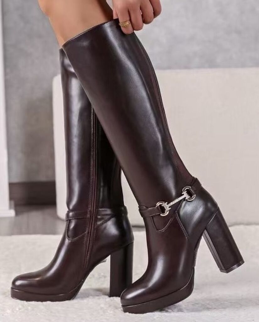 Chocolate High-Heeled Knee Boots with Chain Detail