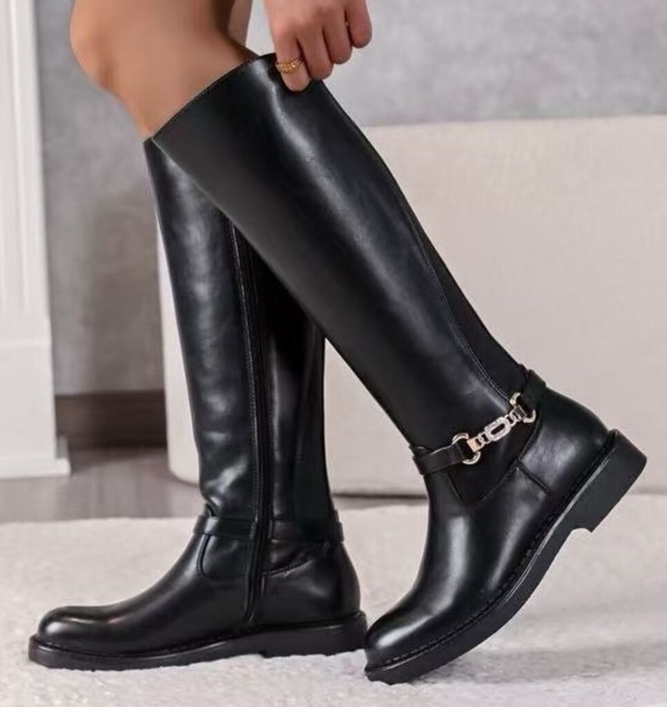 Black Leather Knee-High Boot with Buckle Detail
