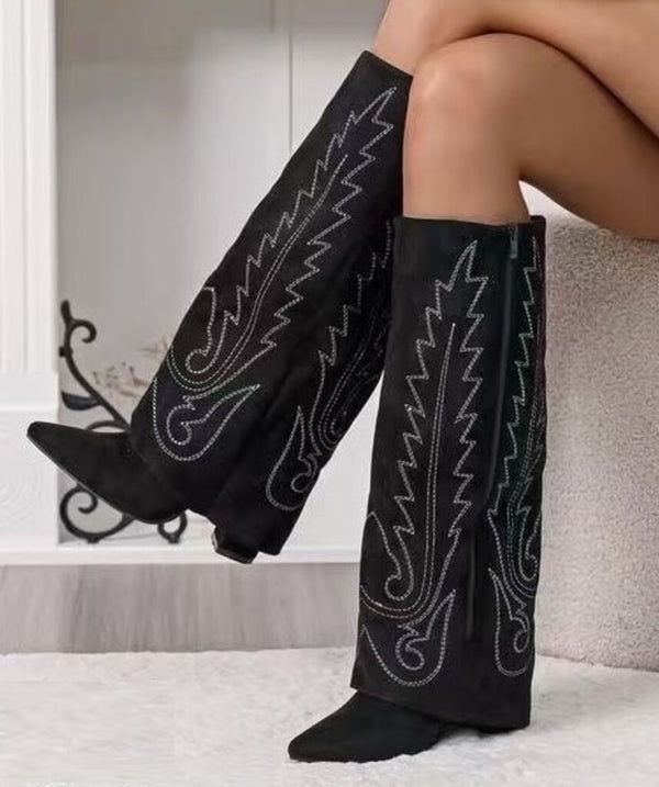 Black Embroidered Western Boots with Stitch Detailing