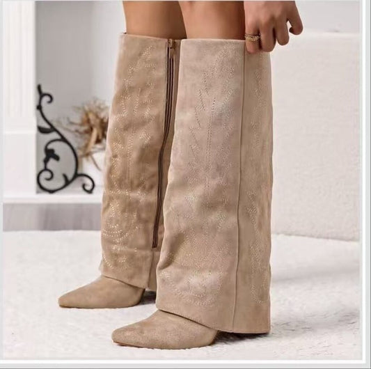 Beige Suede Textured Boots with Zipper Detail