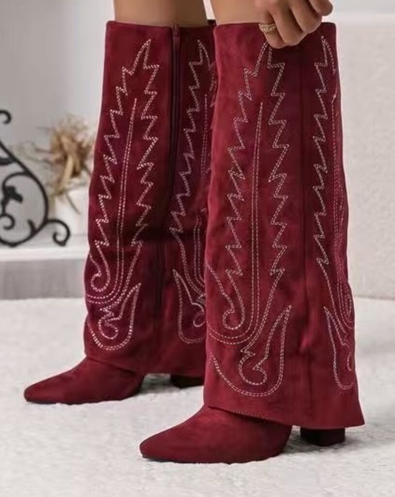 Red Embroidered Suede Knee-High Boots